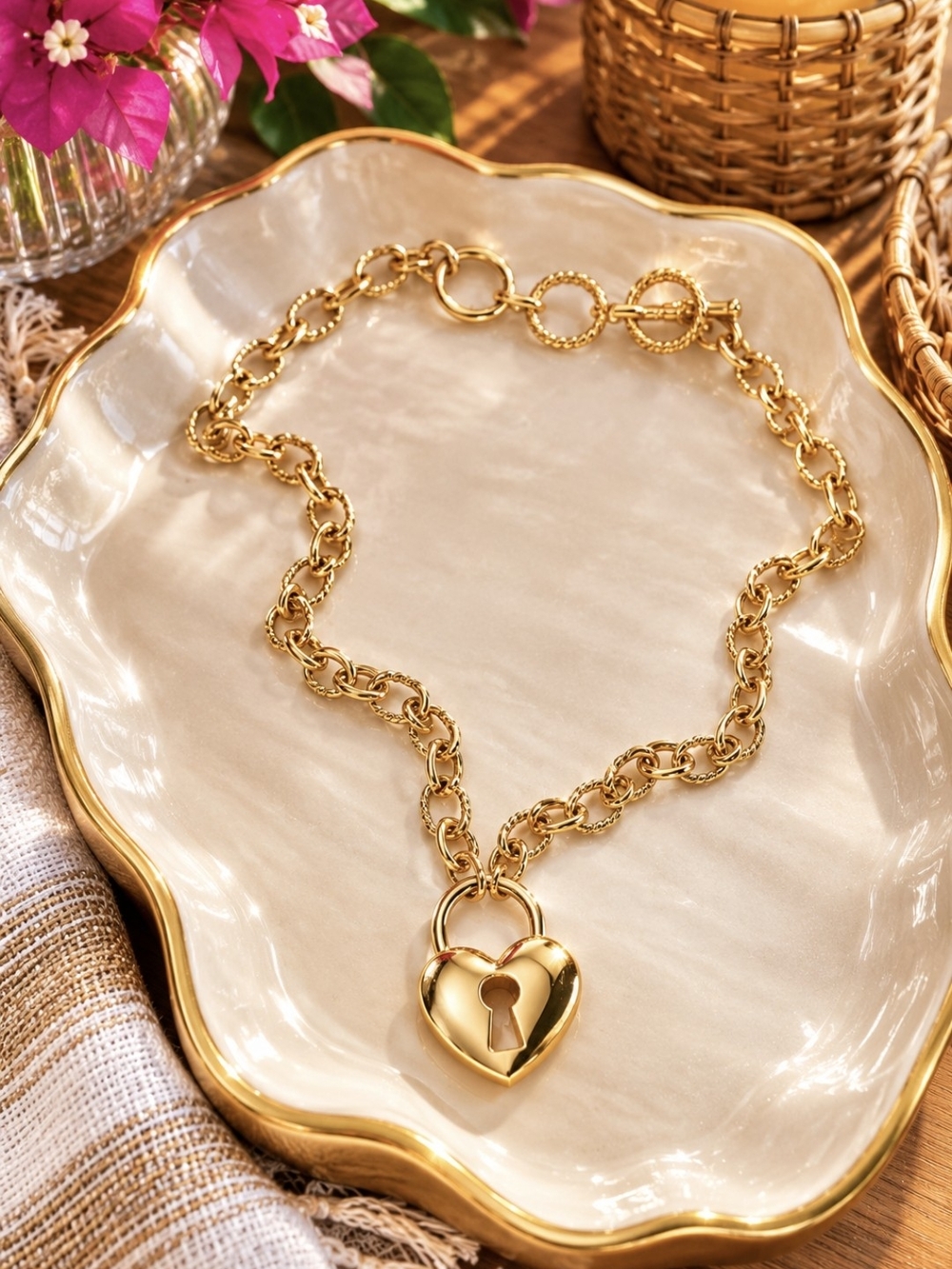 Gold Heart Padlock Chain Necklace - Women's Jewelry